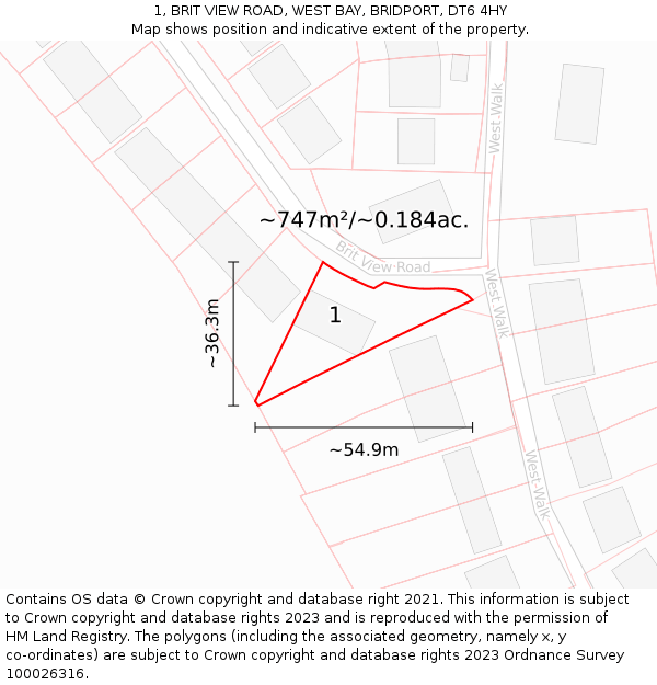 1, BRIT VIEW ROAD, WEST BAY, BRIDPORT, DT6 4HY: Plot and title map