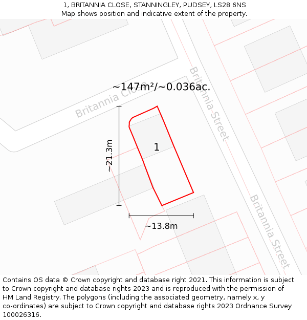 1, BRITANNIA CLOSE, STANNINGLEY, PUDSEY, LS28 6NS: Plot and title map