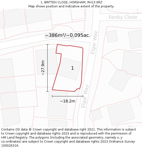 1, BRITTEN CLOSE, HORSHAM, RH13 6RZ: Plot and title map