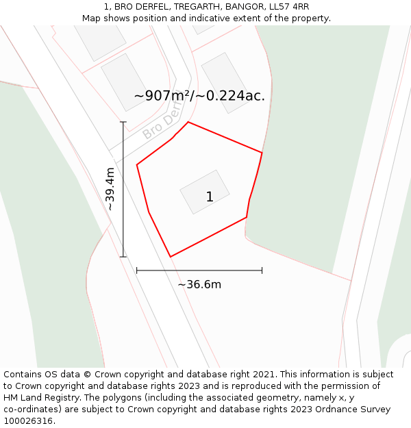 1, BRO DERFEL, TREGARTH, BANGOR, LL57 4RR: Plot and title map