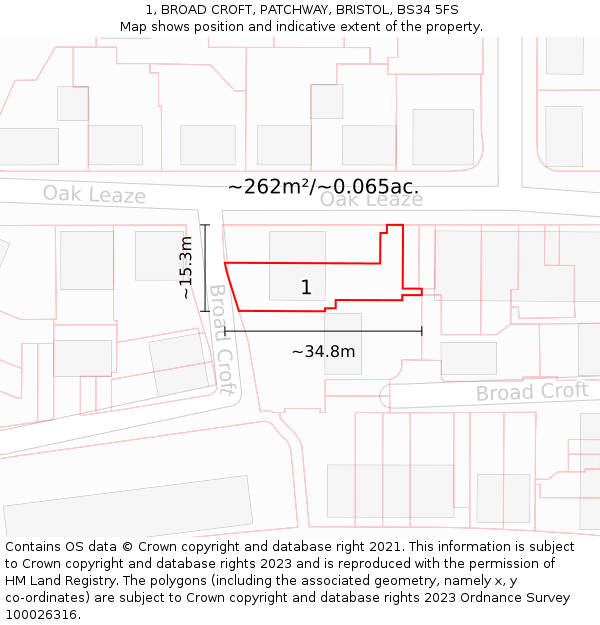 1, BROAD CROFT, PATCHWAY, BRISTOL, BS34 5FS: Plot and title map