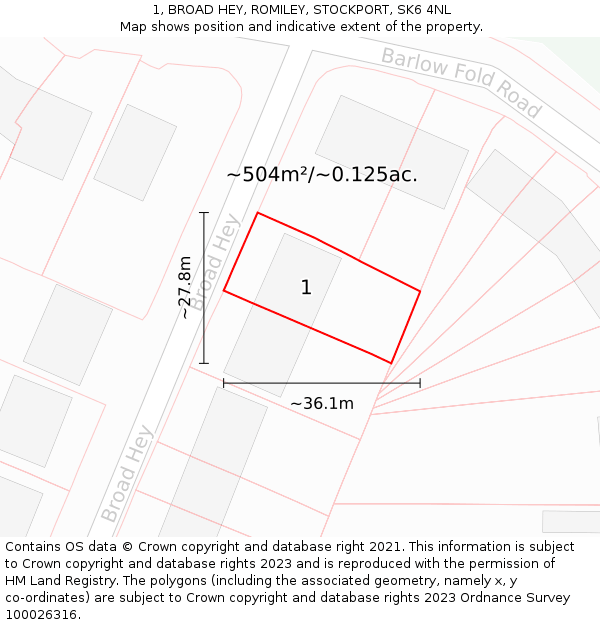 1, BROAD HEY, ROMILEY, STOCKPORT, SK6 4NL: Plot and title map