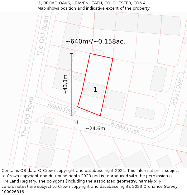 1, BROAD OAKS, LEAVENHEATH, COLCHESTER, CO6 4UJ: Plot and title map