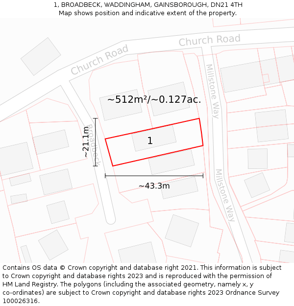 1, BROADBECK, WADDINGHAM, GAINSBOROUGH, DN21 4TH: Plot and title map