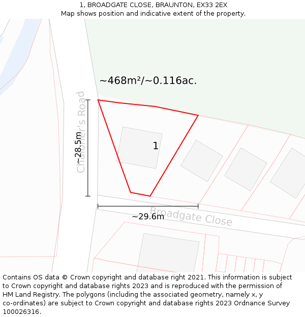 1, BROADGATE CLOSE, BRAUNTON, EX33 2EX: Plot and title map