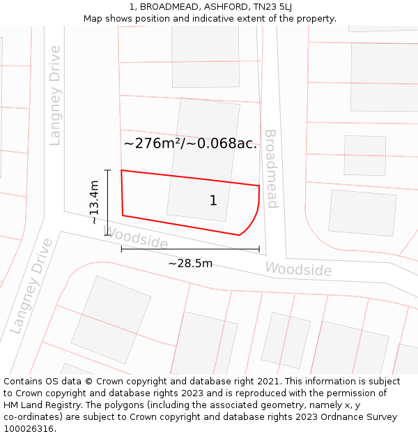 1, BROADMEAD, ASHFORD, TN23 5LJ: Plot and title map