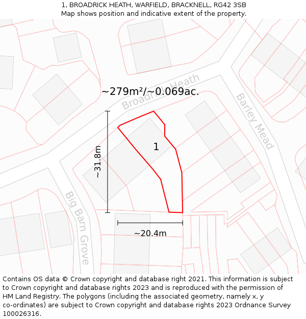 1, BROADRICK HEATH, WARFIELD, BRACKNELL, RG42 3SB: Plot and title map