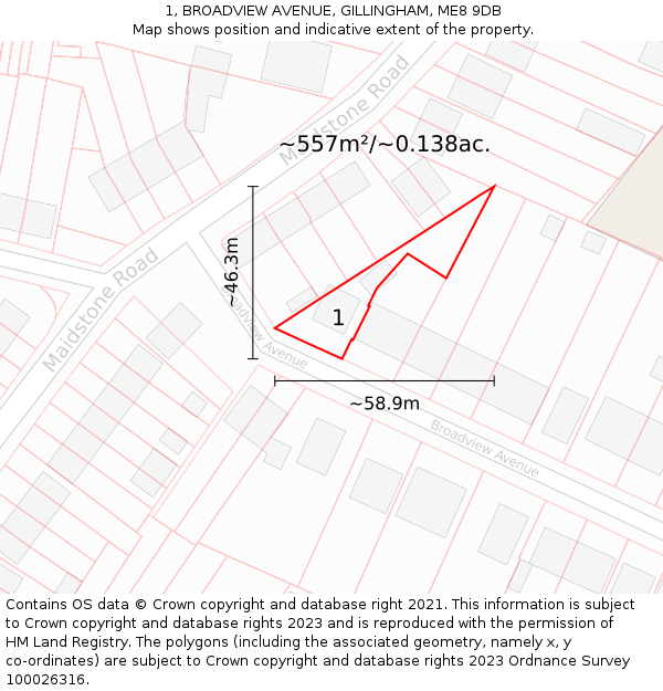 1, BROADVIEW AVENUE, GILLINGHAM, ME8 9DB: Plot and title map