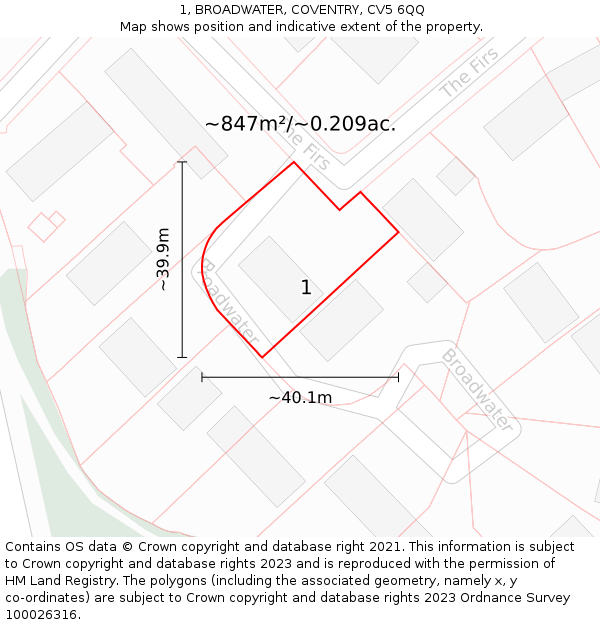 1, BROADWATER, COVENTRY, CV5 6QQ: Plot and title map