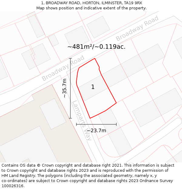 1, BROADWAY ROAD, HORTON, ILMINSTER, TA19 9RX: Plot and title map