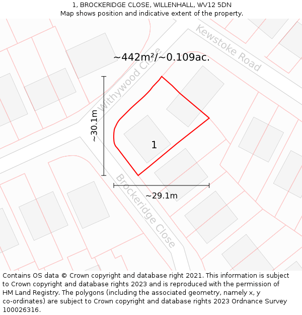 1, BROCKERIDGE CLOSE, WILLENHALL, WV12 5DN: Plot and title map