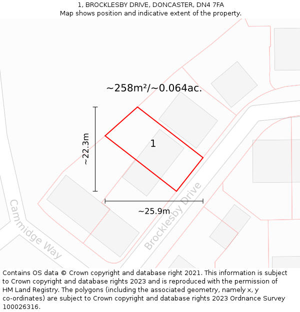 1, BROCKLESBY DRIVE, DONCASTER, DN4 7FA: Plot and title map
