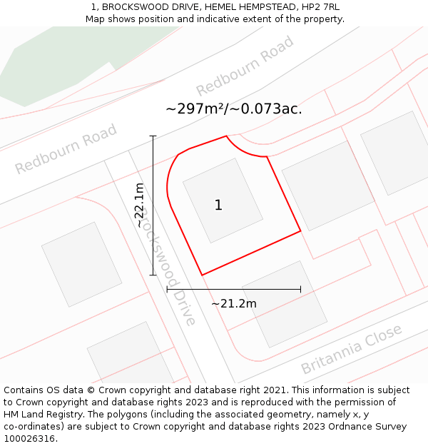 1, BROCKSWOOD DRIVE, HEMEL HEMPSTEAD, HP2 7RL: Plot and title map