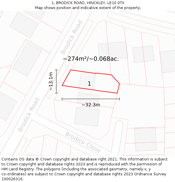 1, BRODICK ROAD, HINCKLEY, LE10 0TX: Plot and title map