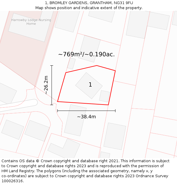 1, BROMLEY GARDENS, GRANTHAM, NG31 9FU: Plot and title map