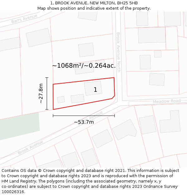 1, BROOK AVENUE, NEW MILTON, BH25 5HB: Plot and title map