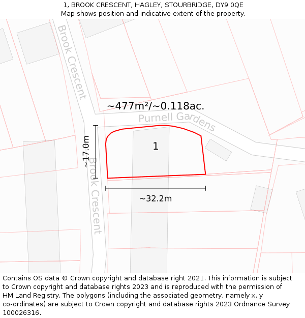 1, BROOK CRESCENT, HAGLEY, STOURBRIDGE, DY9 0QE: Plot and title map