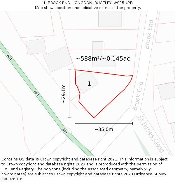 1, BROOK END, LONGDON, RUGELEY, WS15 4PB: Plot and title map