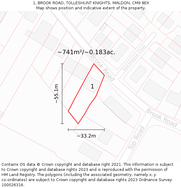 1, BROOK ROAD, TOLLESHUNT KNIGHTS, MALDON, CM9 8EX: Plot and title map