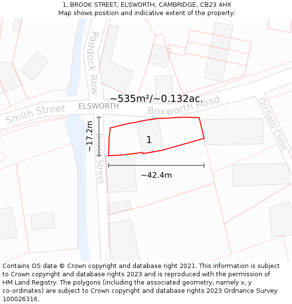 1, BROOK STREET, ELSWORTH, CAMBRIDGE, CB23 4HX: Plot and title map