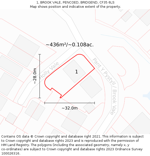 1, BROOK VALE, PENCOED, BRIDGEND, CF35 6LS: Plot and title map