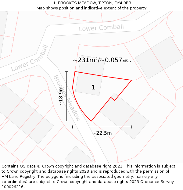 1, BROOKES MEADOW, TIPTON, DY4 9RB: Plot and title map