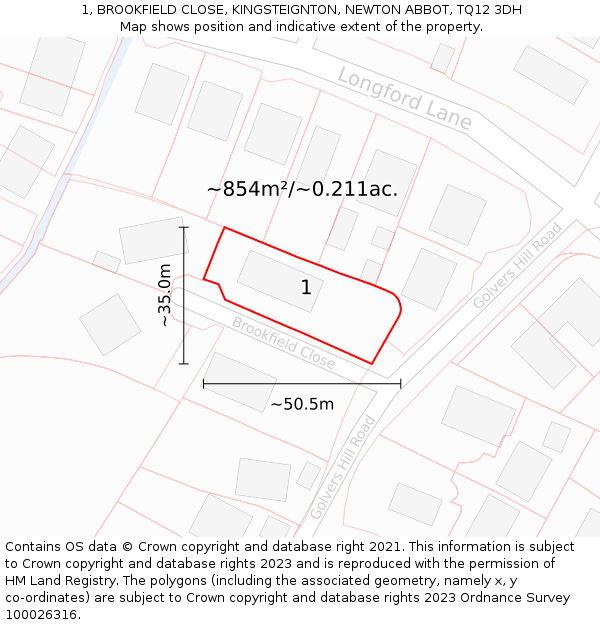 1, BROOKFIELD CLOSE, KINGSTEIGNTON, NEWTON ABBOT, TQ12 3DH: Plot and title map