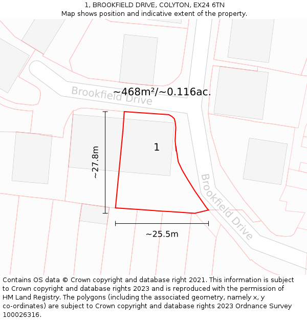 1, BROOKFIELD DRIVE, COLYTON, EX24 6TN: Plot and title map
