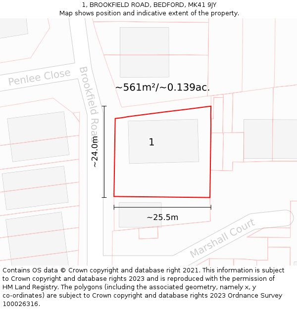 1, BROOKFIELD ROAD, BEDFORD, MK41 9JY: Plot and title map