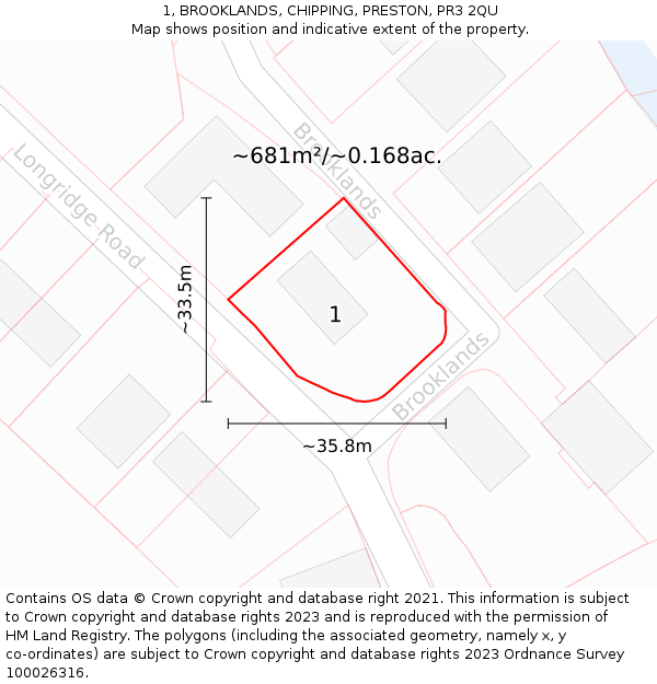 1, BROOKLANDS, CHIPPING, PRESTON, PR3 2QU: Plot and title map