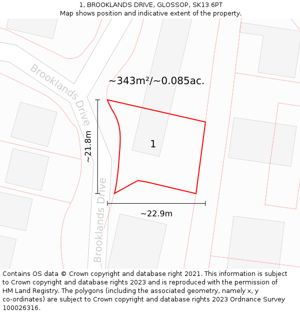 1, BROOKLANDS DRIVE, GLOSSOP, SK13 6PT: Plot and title map