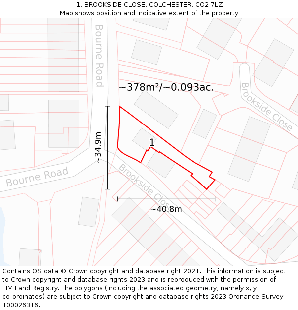 1, BROOKSIDE CLOSE, COLCHESTER, CO2 7LZ: Plot and title map