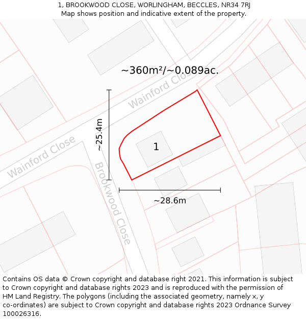 1, BROOKWOOD CLOSE, WORLINGHAM, BECCLES, NR34 7RJ: Plot and title map