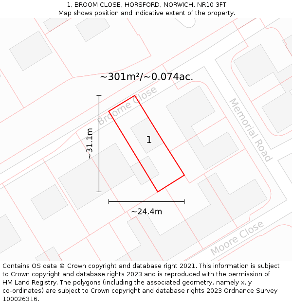 1, BROOM CLOSE, HORSFORD, NORWICH, NR10 3FT: Plot and title map