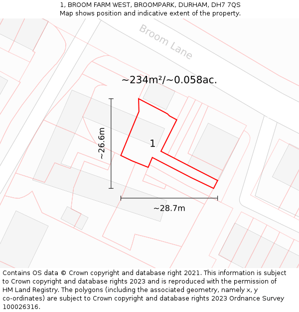 1, BROOM FARM WEST, BROOMPARK, DURHAM, DH7 7QS: Plot and title map