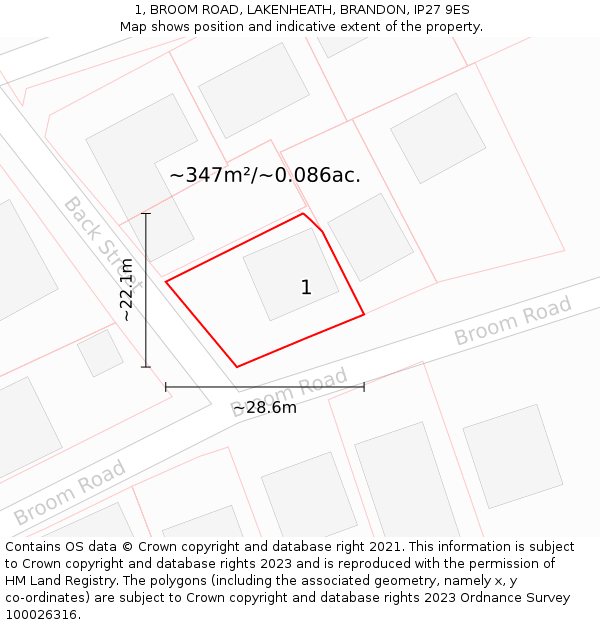 1, BROOM ROAD, LAKENHEATH, BRANDON, IP27 9ES: Plot and title map