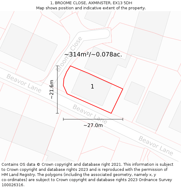 1, BROOME CLOSE, AXMINSTER, EX13 5DH: Plot and title map