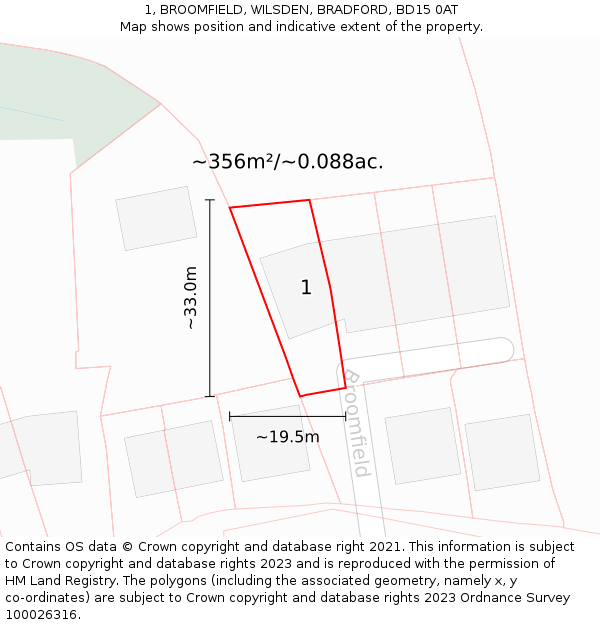 1, BROOMFIELD, WILSDEN, BRADFORD, BD15 0AT: Plot and title map