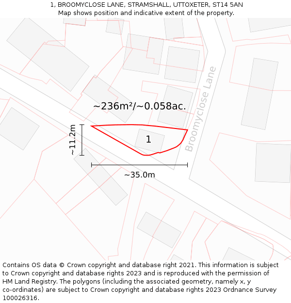 1, BROOMYCLOSE LANE, STRAMSHALL, UTTOXETER, ST14 5AN: Plot and title map