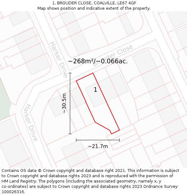 1, BROUDER CLOSE, COALVILLE, LE67 4GF: Plot and title map
