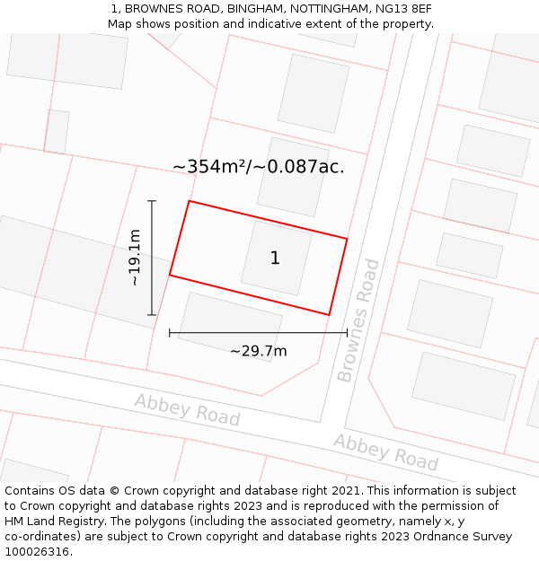 1, BROWNES ROAD, BINGHAM, NOTTINGHAM, NG13 8EF: Plot and title map