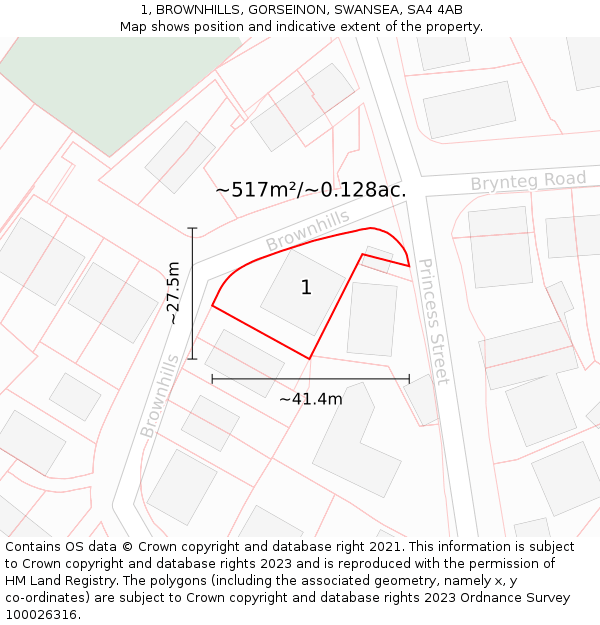 1, BROWNHILLS, GORSEINON, SWANSEA, SA4 4AB: Plot and title map