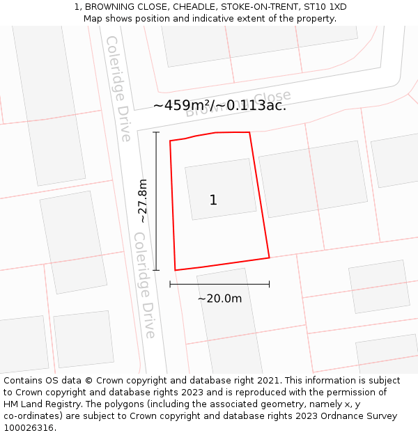 1, BROWNING CLOSE, CHEADLE, STOKE-ON-TRENT, ST10 1XD: Plot and title map