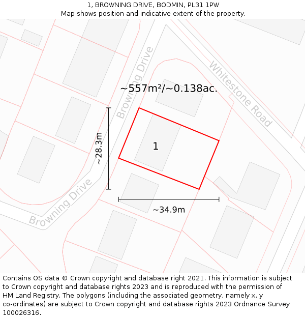 1, BROWNING DRIVE, BODMIN, PL31 1PW: Plot and title map