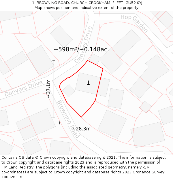 1, BROWNING ROAD, CHURCH CROOKHAM, FLEET, GU52 0YJ: Plot and title map