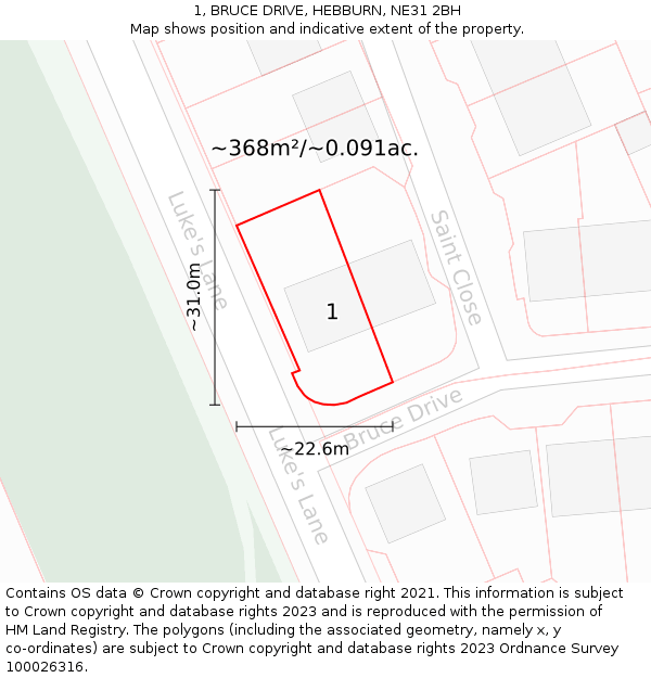 1, BRUCE DRIVE, HEBBURN, NE31 2BH: Plot and title map