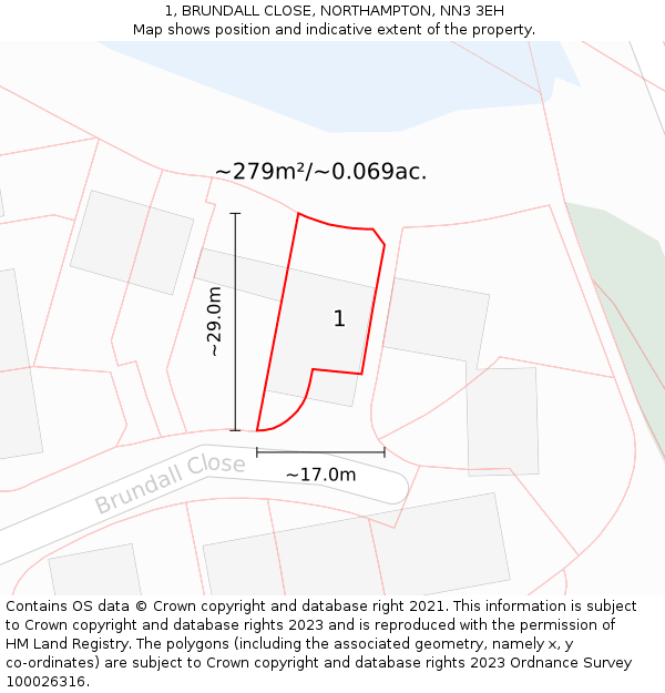 1, BRUNDALL CLOSE, NORTHAMPTON, NN3 3EH: Plot and title map