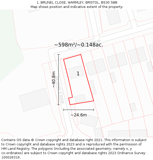 1, BRUNEL CLOSE, WARMLEY, BRISTOL, BS30 5BB: Plot and title map