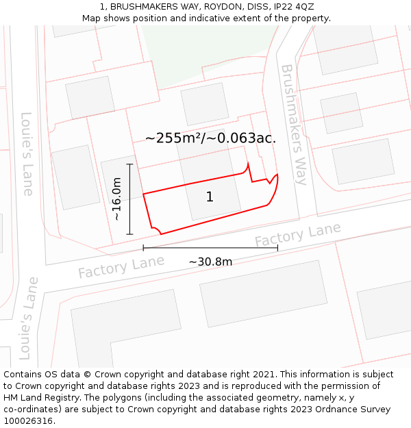 1, BRUSHMAKERS WAY, ROYDON, DISS, IP22 4QZ: Plot and title map