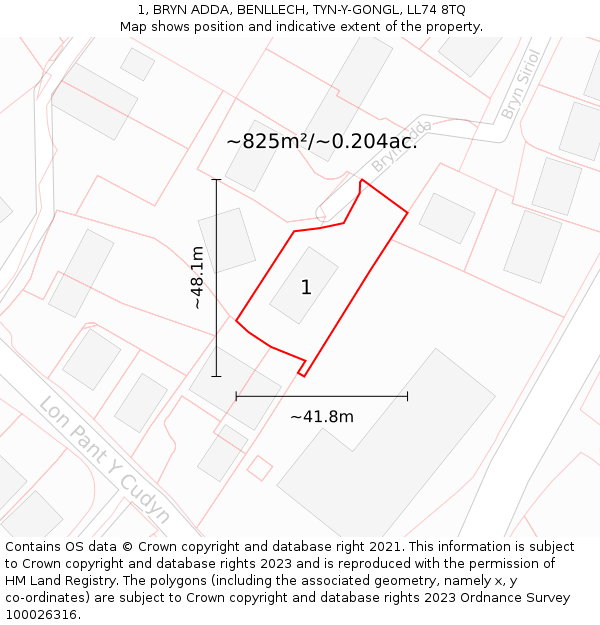 1, BRYN ADDA, BENLLECH, TYN-Y-GONGL, LL74 8TQ: Plot and title map